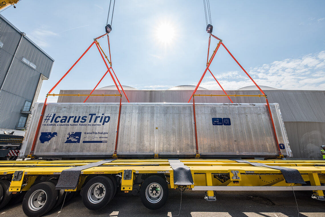 Photo of a shipping container with the words "Icarus Trip" on the side