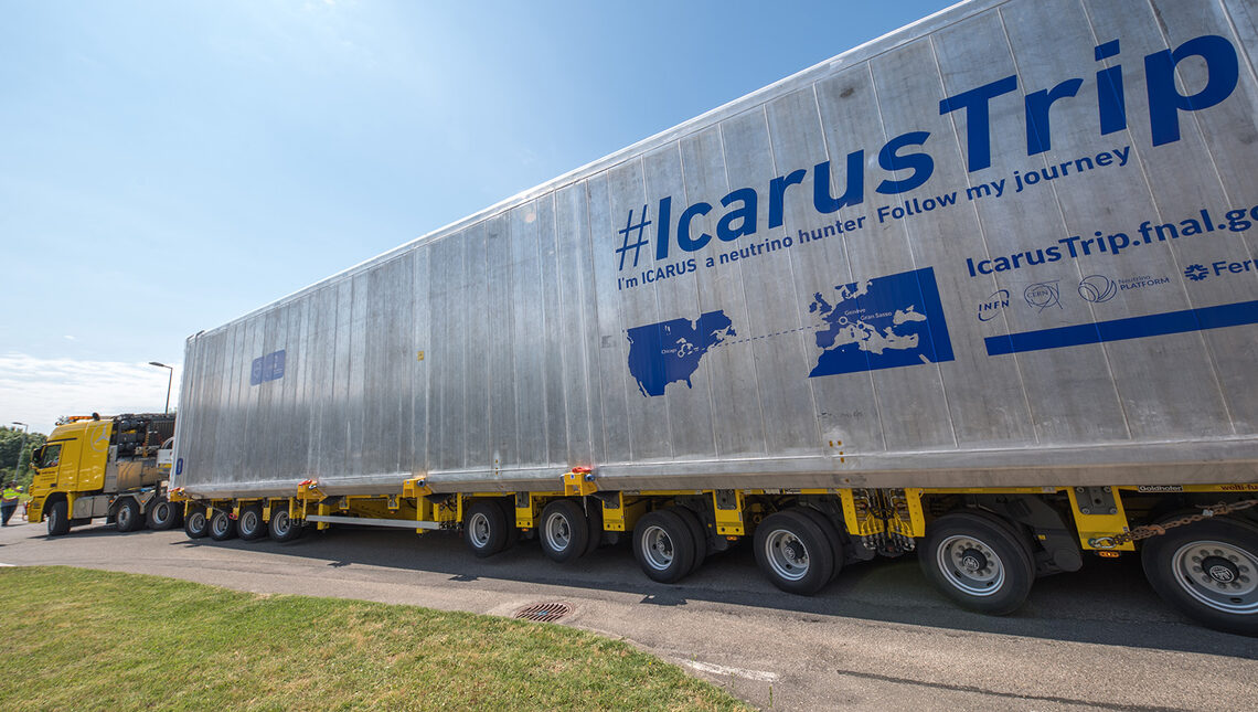 Photo of the ICARUS shipping container being transported by truck
