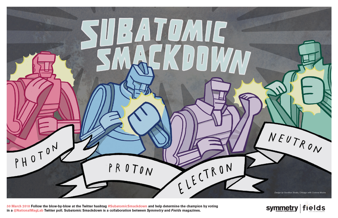 Illustration of Subatomic Smackdown robots photon, proton, electron, neutron 