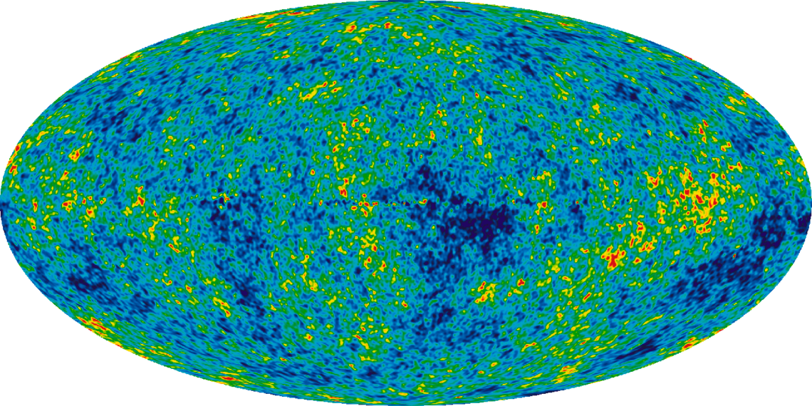 Image of patches of green, blue, yellow, and red make up the CMB map by WMAP